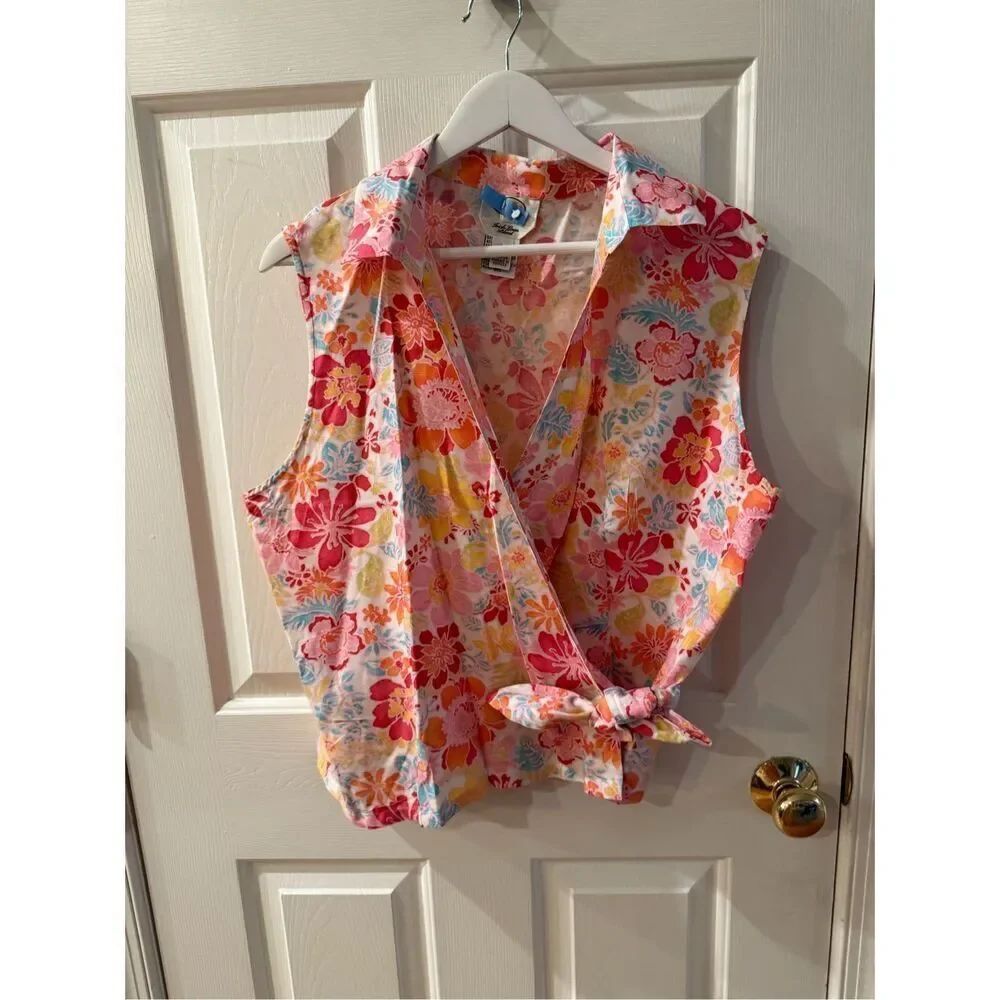 Talbots Irish Linen Blend Floral Sleeveless Wrap Top sz L EUC